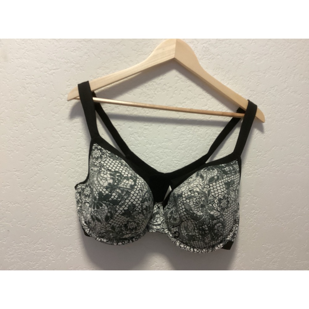Cacique Underwire Bra Womens 40DDD Black White Floral Lace Padded Strappy Back